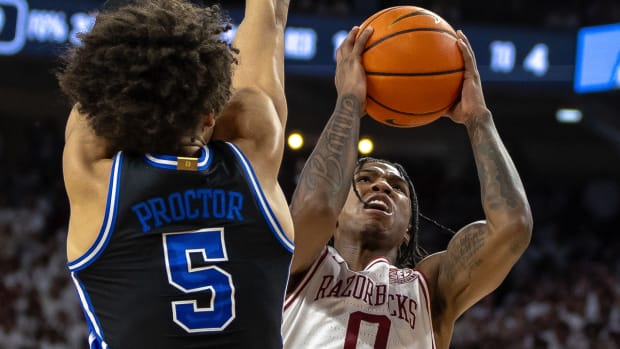 Razorbacks' Khalif Battle puts up a shot against Duke on Wednesday night